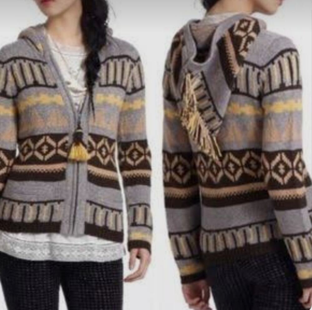 Anthropologie Sparrow Wool Blend Fair Isle Full Zip Hooded Cardigan Size Medium